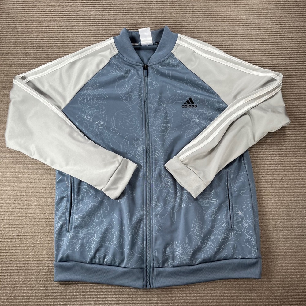 Adidas Floral Track Jacket Womens XL Blue Grey Full Zip Bomber NWOT